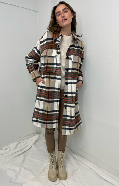 Molly Bracken Long Plaid Shacket - Camel