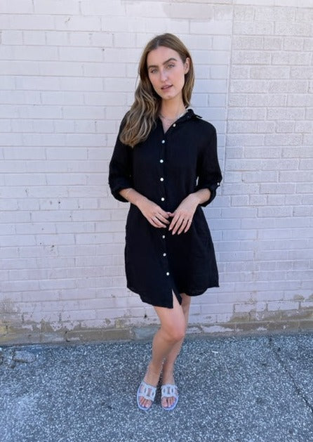 The Pink Door Short Linen Dress - Black