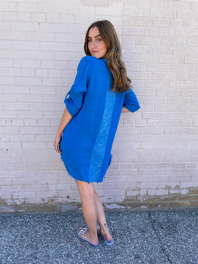 MINI Linen L/S Dress Sparkle Pocket Detail - Royal