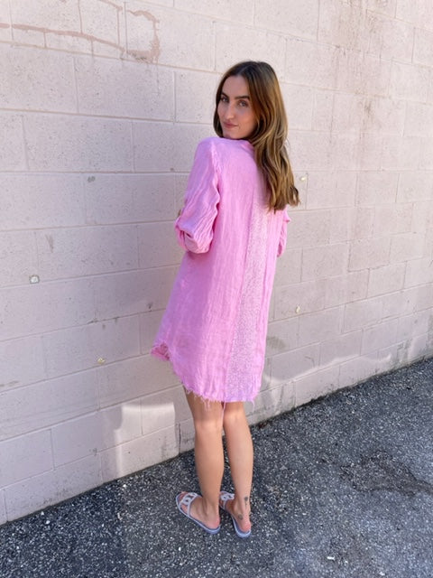 MINI Linen L/S Dress Sparkle Pocket Detail - Candy