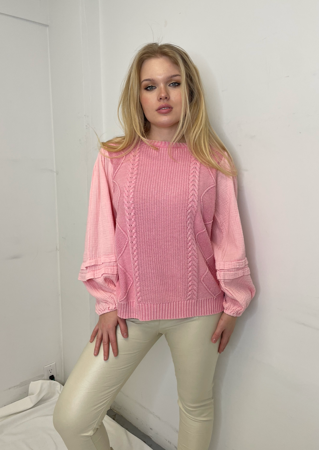 The Pink Door Cable Knit Pink Sweater w/ Pouf Sleeves