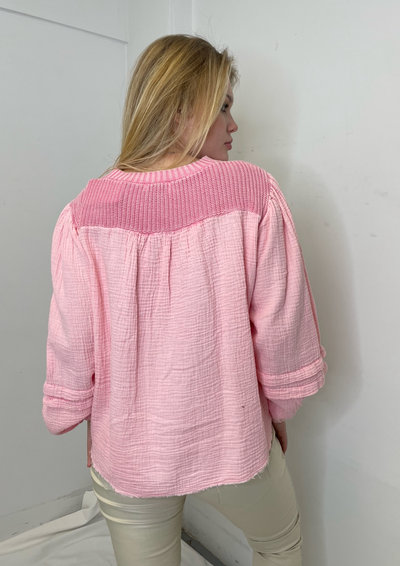 The Pink Door Cable Knit Pink Sweater w/ Pouf Sleeves