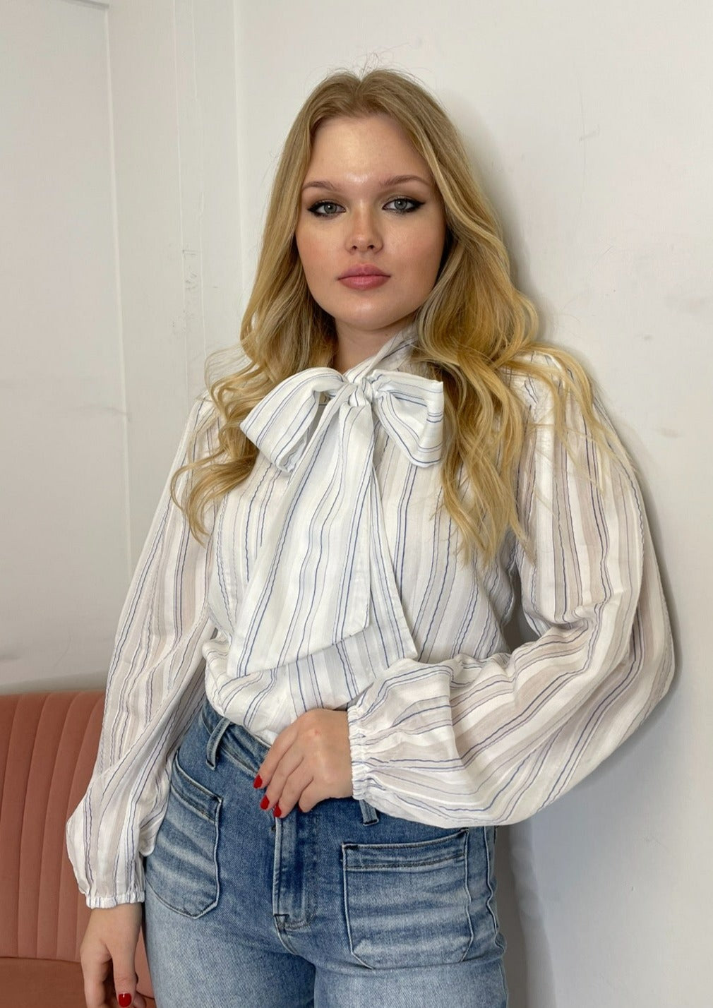 The Pink Door White Pinstripe Bow Tie Blouse