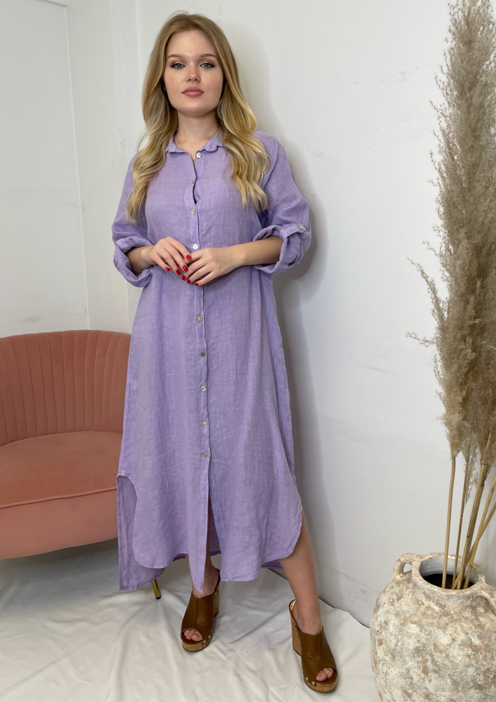 The Pink Door Long Linen Shirt Dress - Lilac