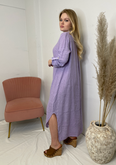 The Pink Door Long Linen Shirt Dress - Lilac