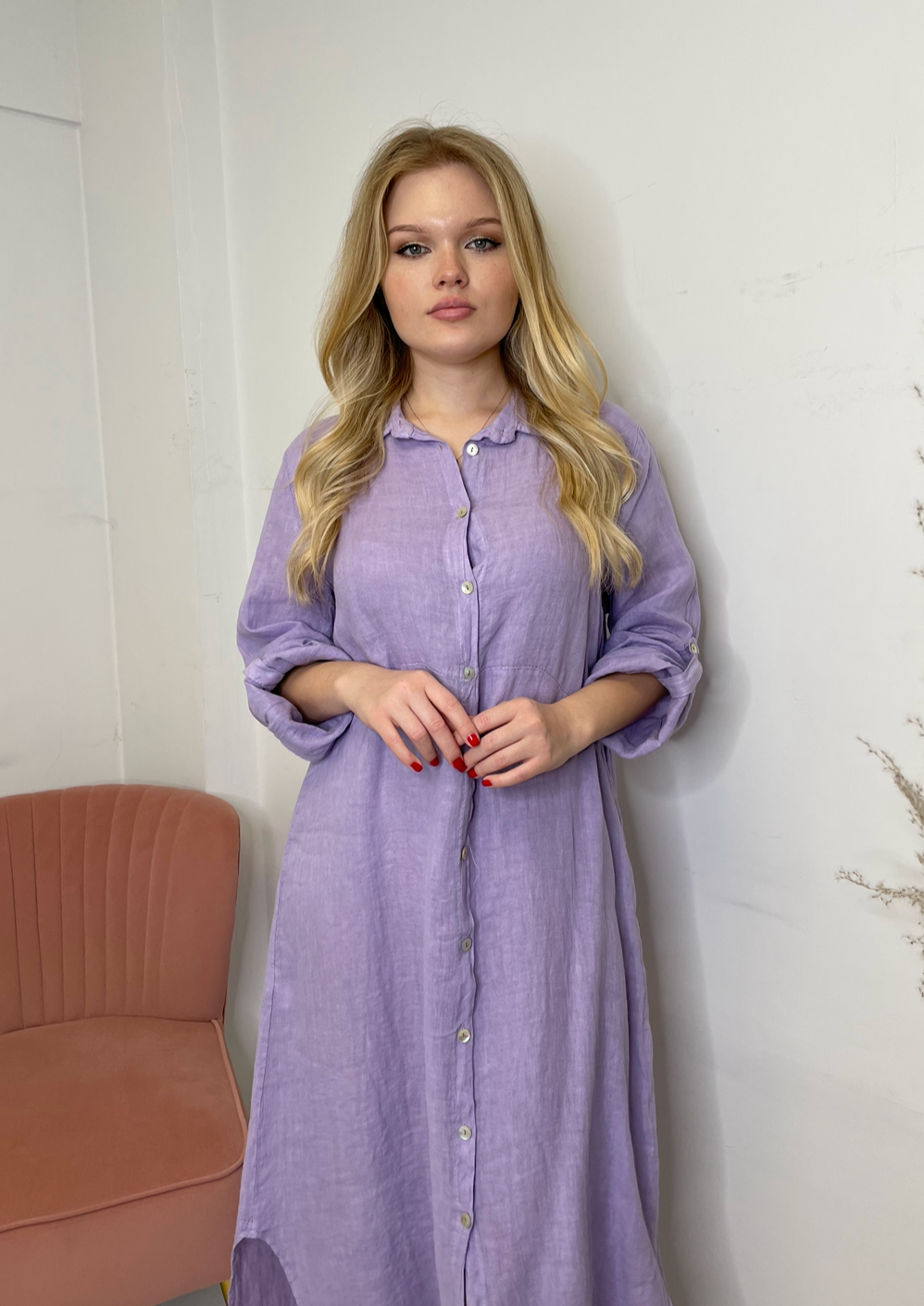 The Pink Door Long Linen Shirt Dress - Lilac