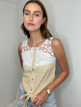 MOLLY BRACKEN Crochet Yellow Stripe Sleeveless Top