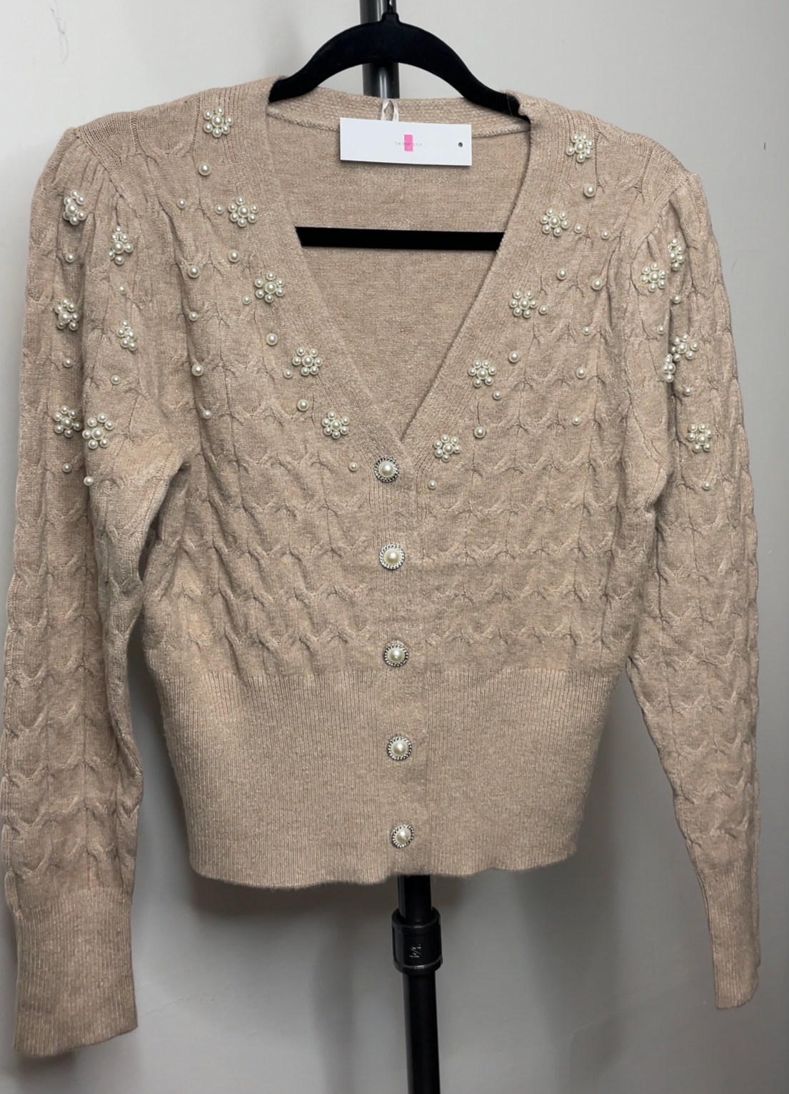 The Pink Door Beige Cardi w/ Pearl Detail