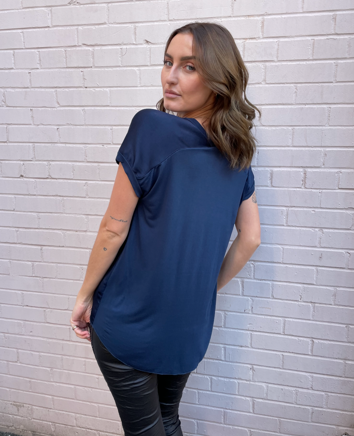 MINI Silky V Neck Top - Navy