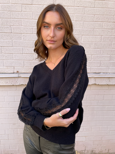 Molly Bracken Black Knit Sweater w/ Crochet Sleeves