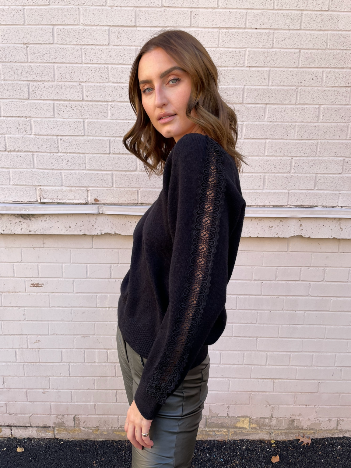 Molly Bracken Black Knit Sweater w/ Crochet Sleeves