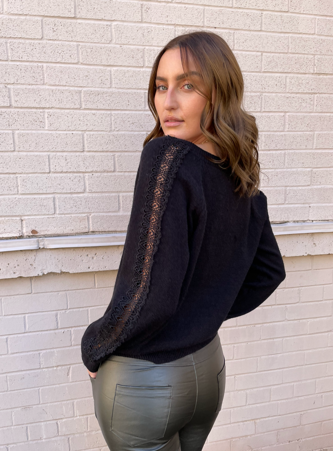 Molly Bracken Black Knit Sweater w/ Crochet Sleeves