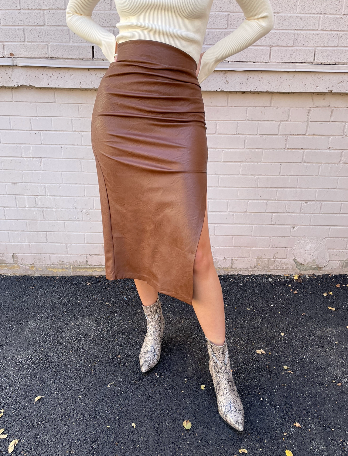 The Pink Door Faux Leather Pencil Skirt w/ Side Slit - Brown