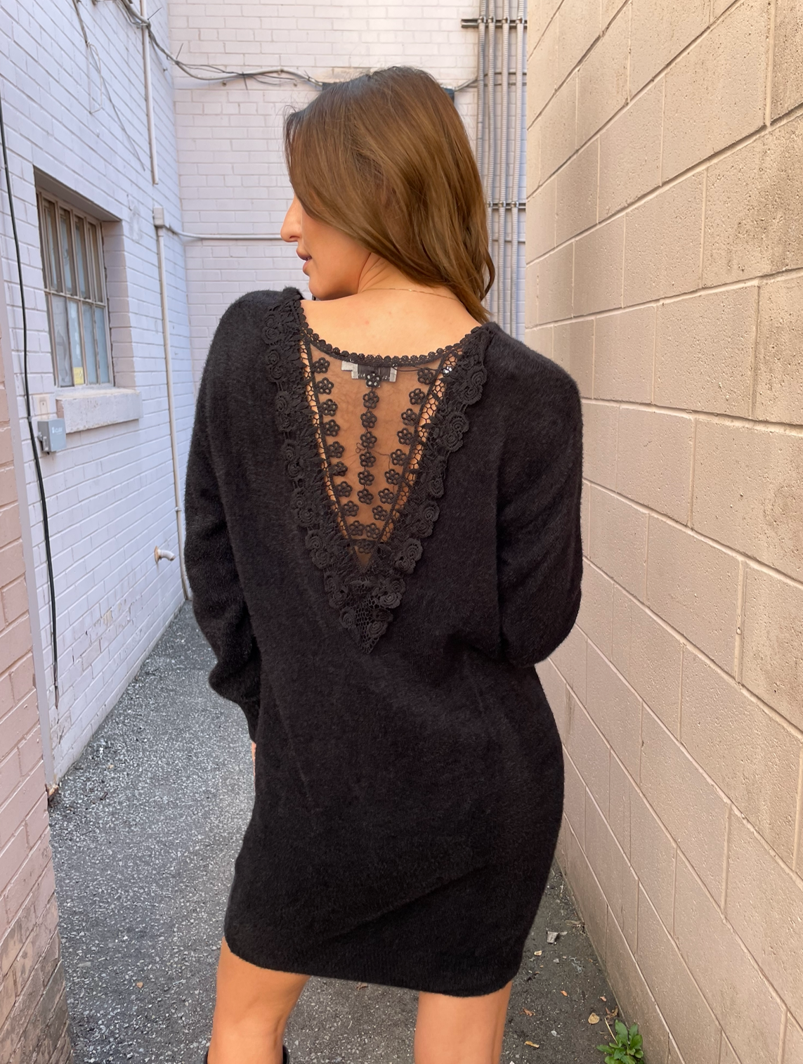 Molly Bracken Black Sweater Dress w/ Crochet Back