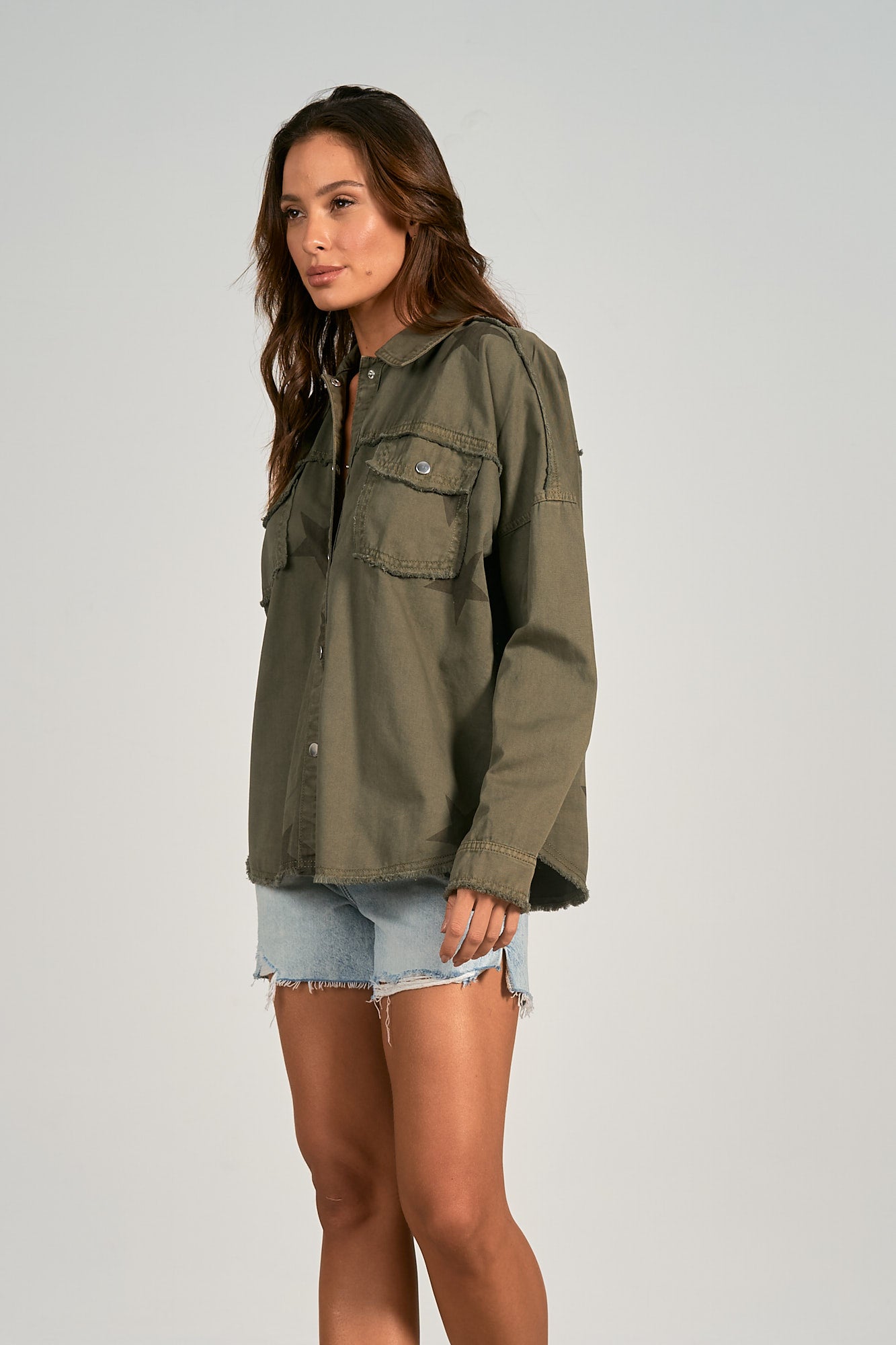 Elan Military Jacket w/ Star Print Detail - Olive