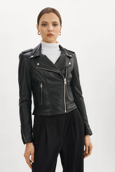 Lamarque Donna Black Moto Leather Jacket w Silver Hardware