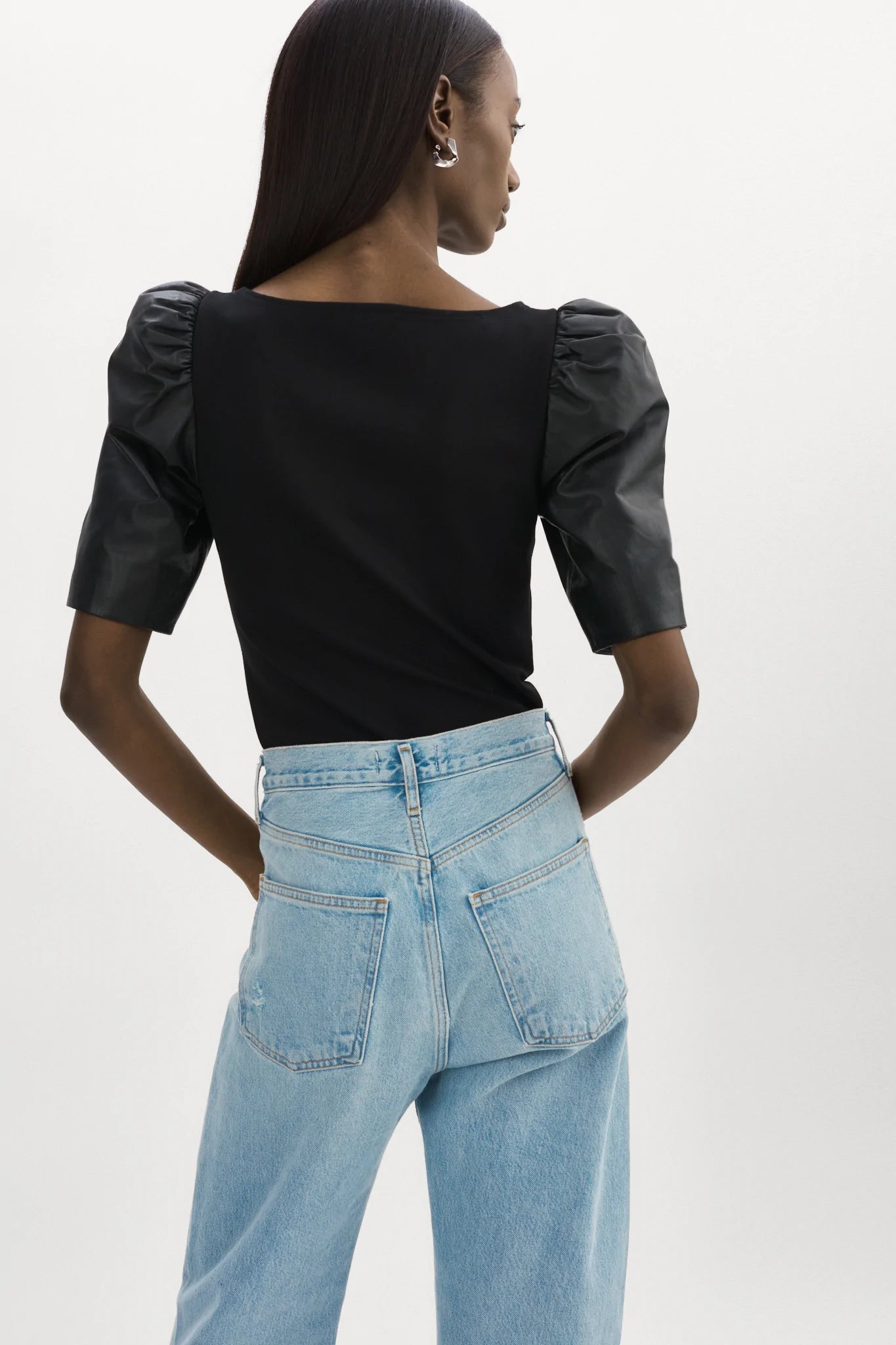 Lamarque Black Leather Pouf Sleeve Knit Top