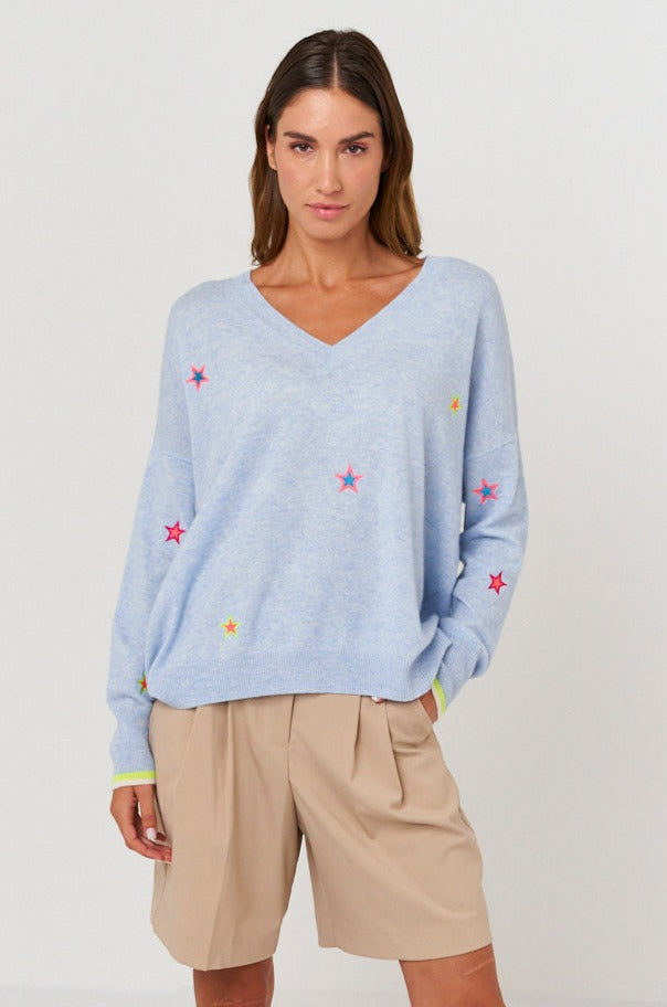 Brodie Star Embroidery V Neck Top - Blue Mist/Multi