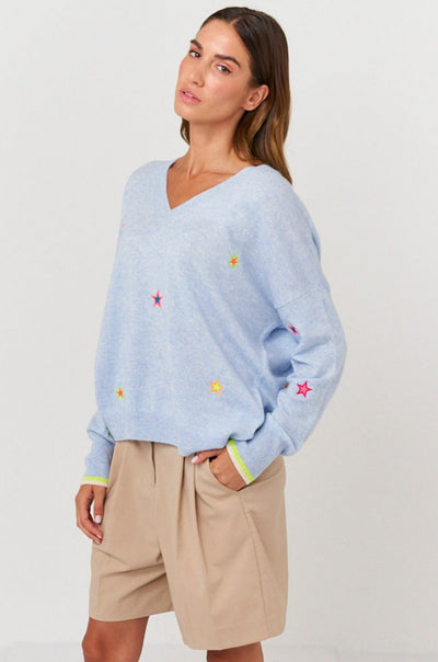 Brodie Star Embroidery V Neck Top - Blue Mist/Multi