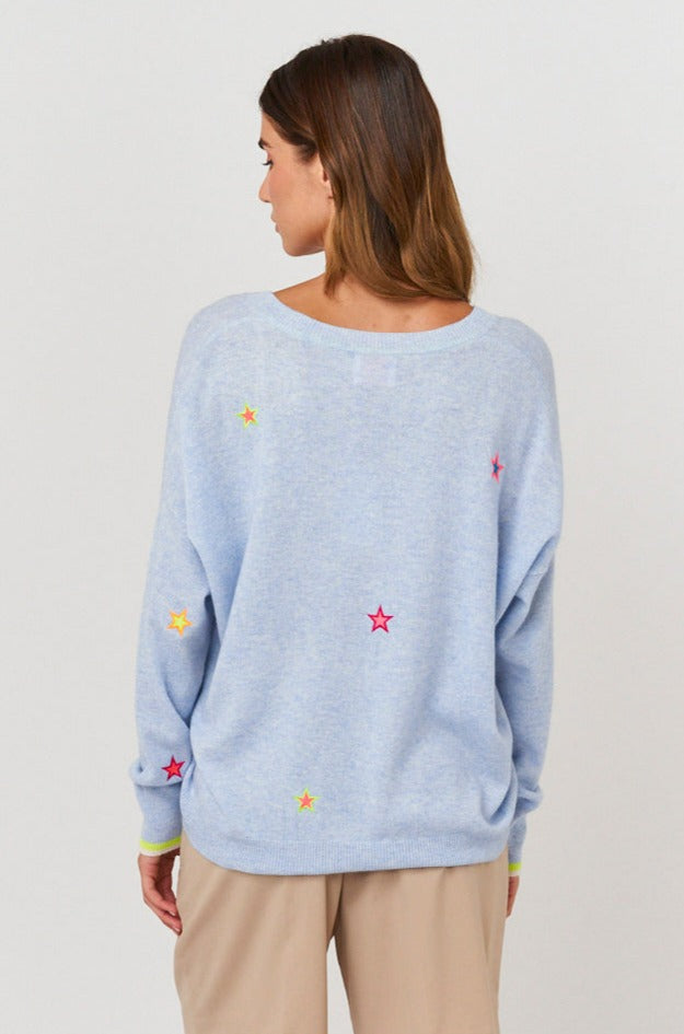 Brodie Star Embroidery V Neck Top - Blue Mist/Multi