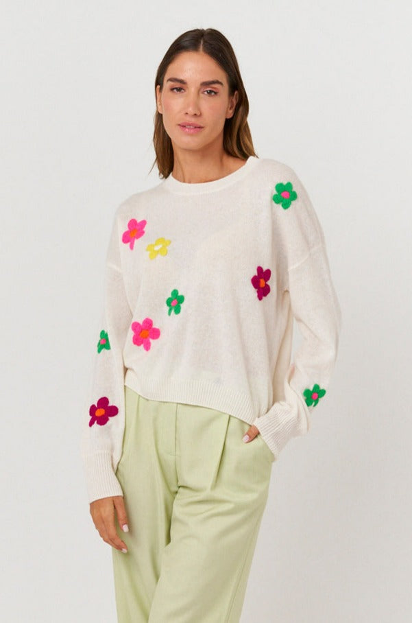 Brodie Polly Floral Crew Top - White/Fox Glove