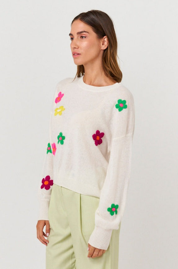 Brodie Polly Floral Crew Top - White/Fox Glove