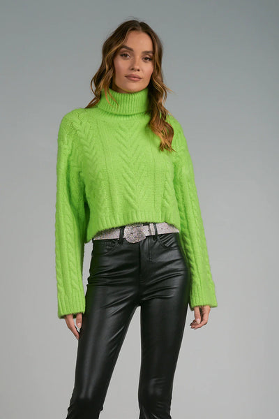 Elan Turtleneck Cable Knit Sweater - Lime Green