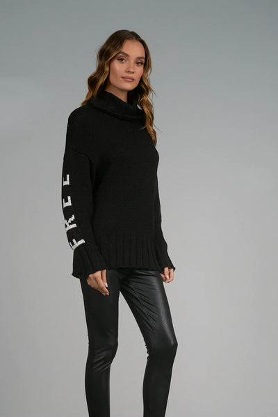 Elan Chunky Turtleneck “Free Love” Sweater - Black