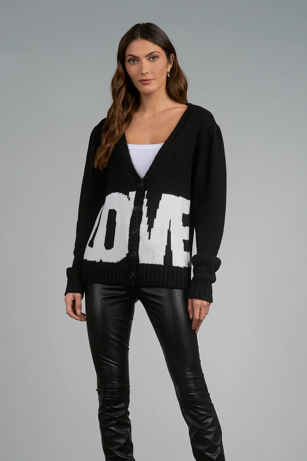 Elan Knitted Long “Love” Cardigan - Black/White