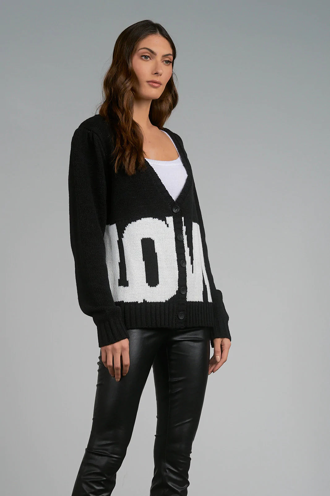 Elan Knitted Long “Love” Cardigan - Black/White