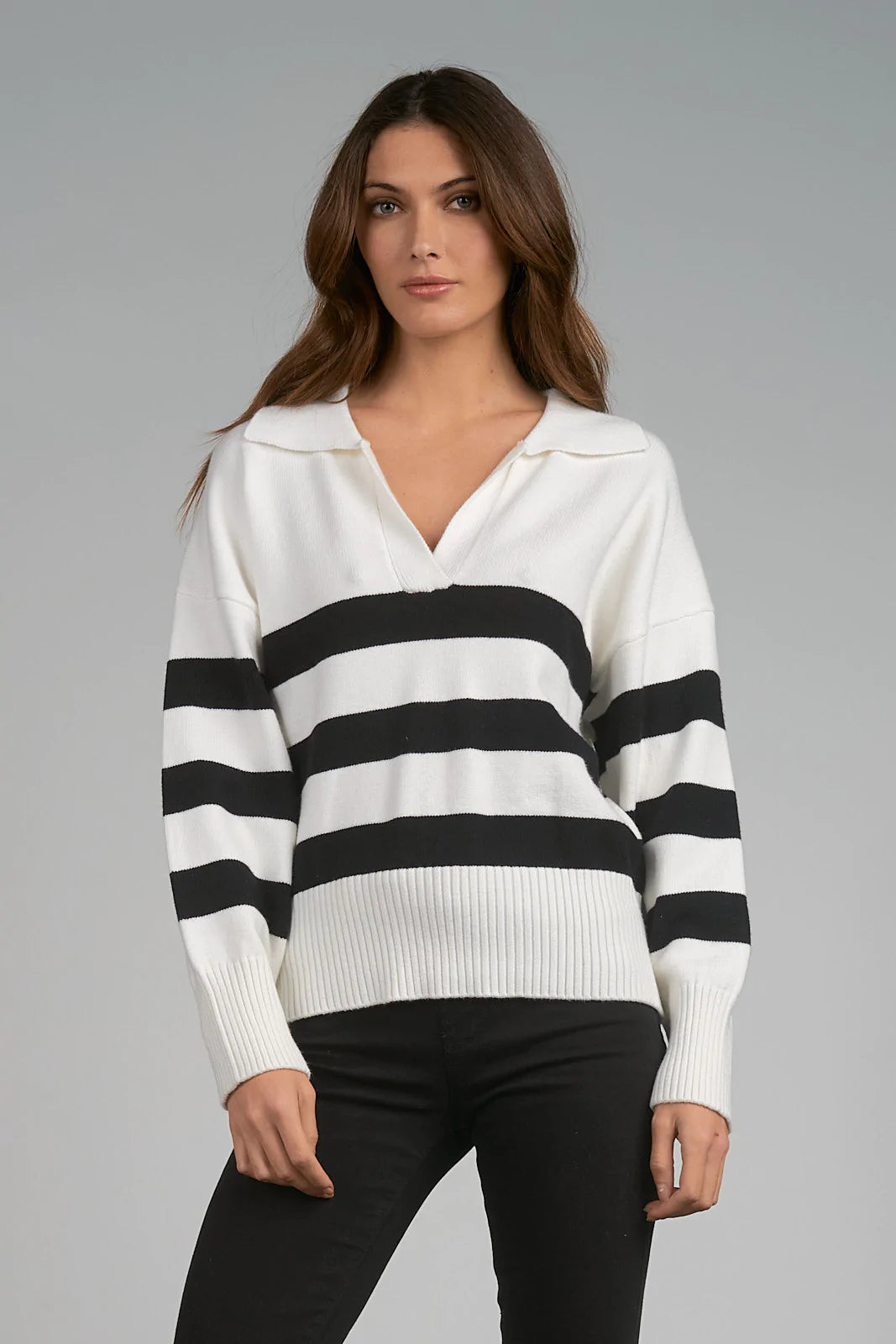 ELAN Stripe Collar V Neck Sweater