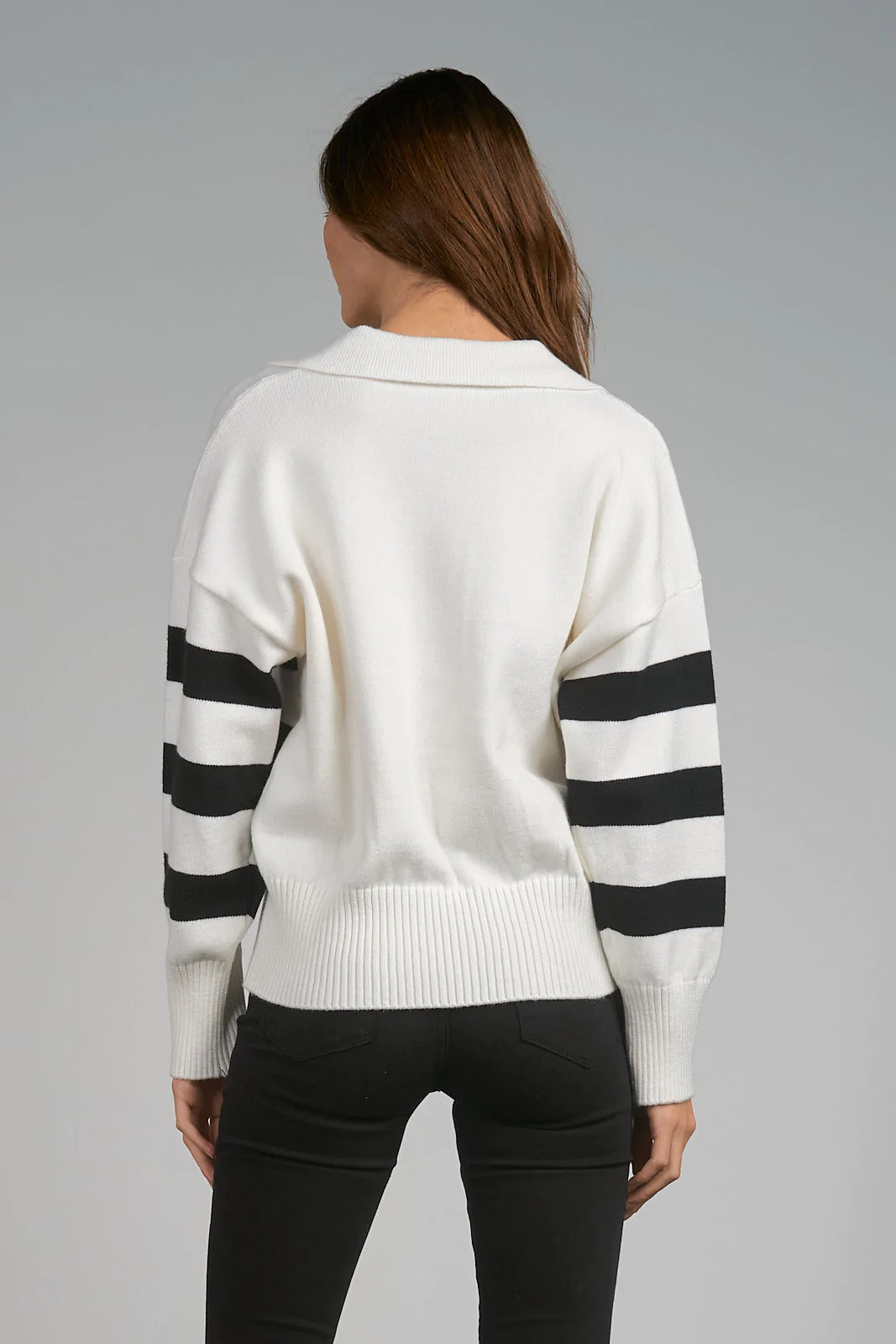 ELAN Stripe Collar V Neck Sweater