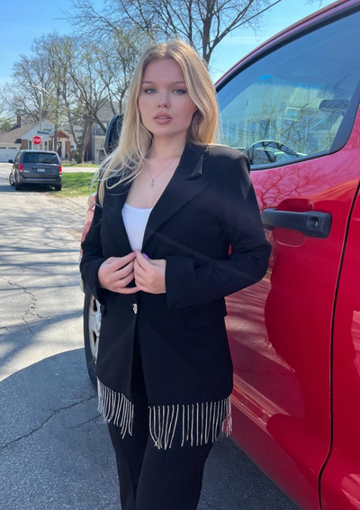 The Pink Door Blazer w/ Rhinestone Fringe Details - Black