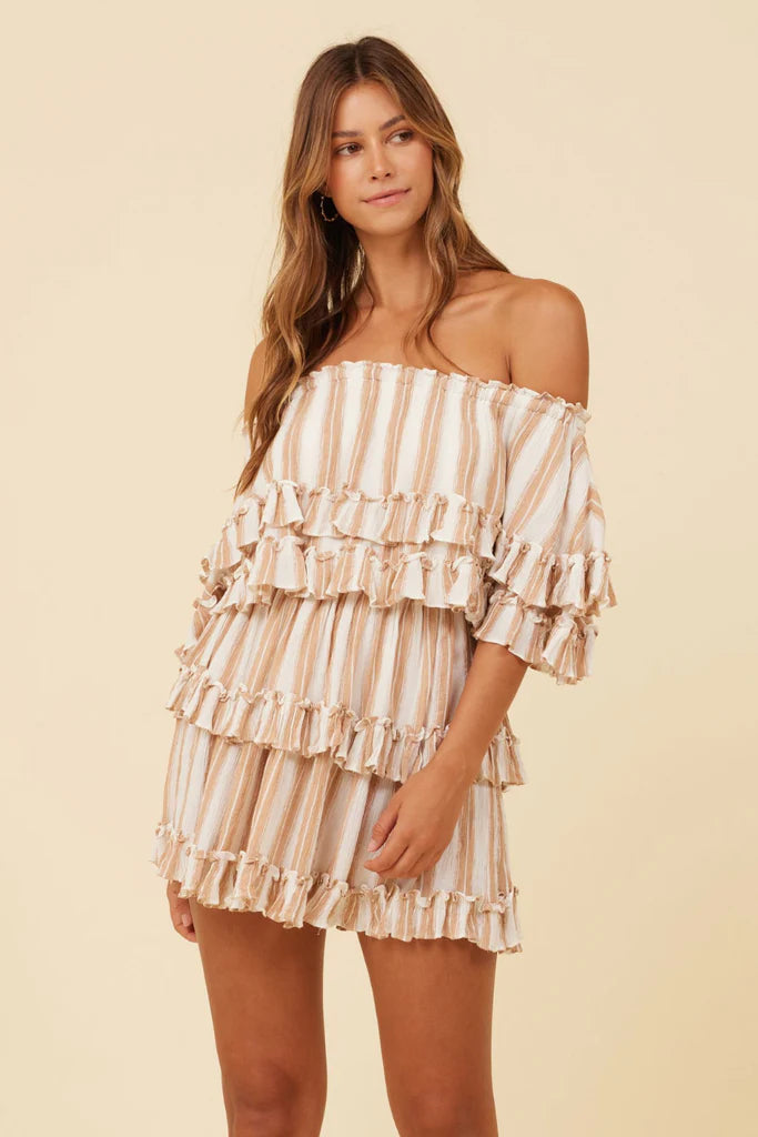 Surf Gypsy Off The Shoulder Ruffle Striped Dress - Sand