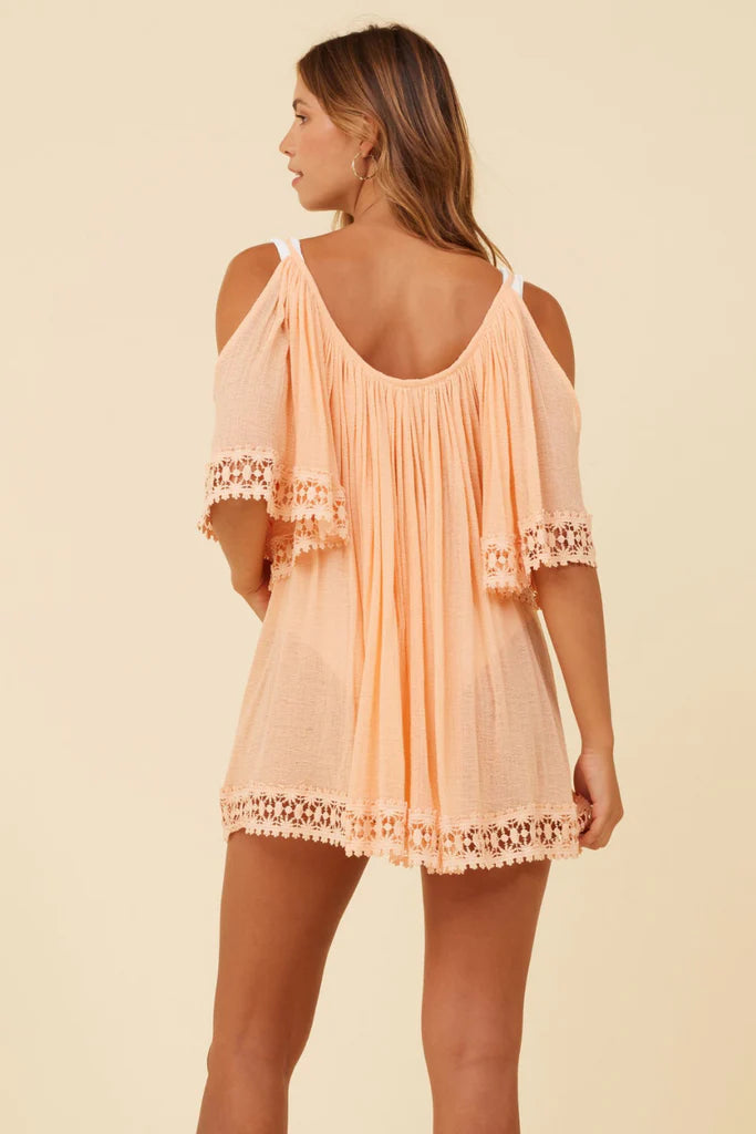 Surf Gypsy Cold Shoulder Lace Trim Cover Up - Peach