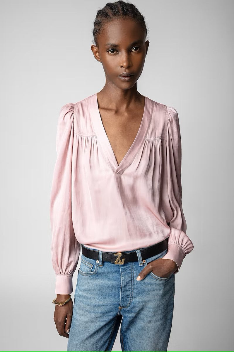 Zadig & Voltaire Telia Satin V Neck Blouse - Deep Parme Pink