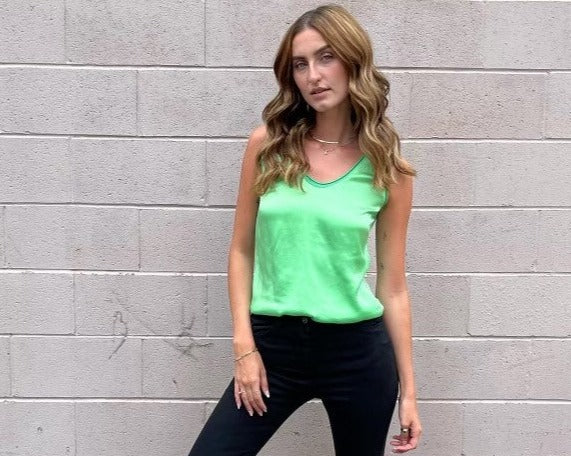 The Pink Door Fine Trim Silky Front Tank - Green