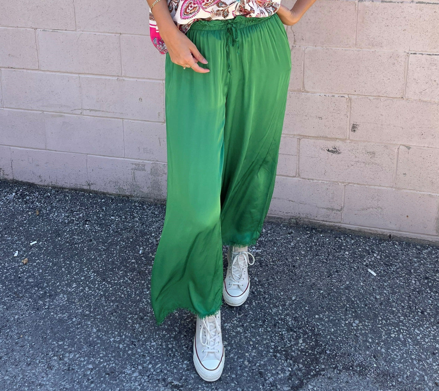 The Pink Door Fray Silk Pants - Green