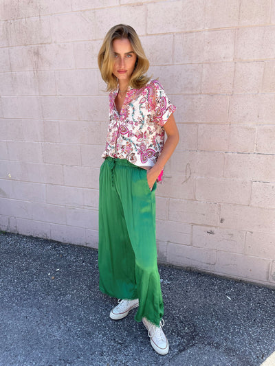 The Pink Door Fray Silk Pants - Green