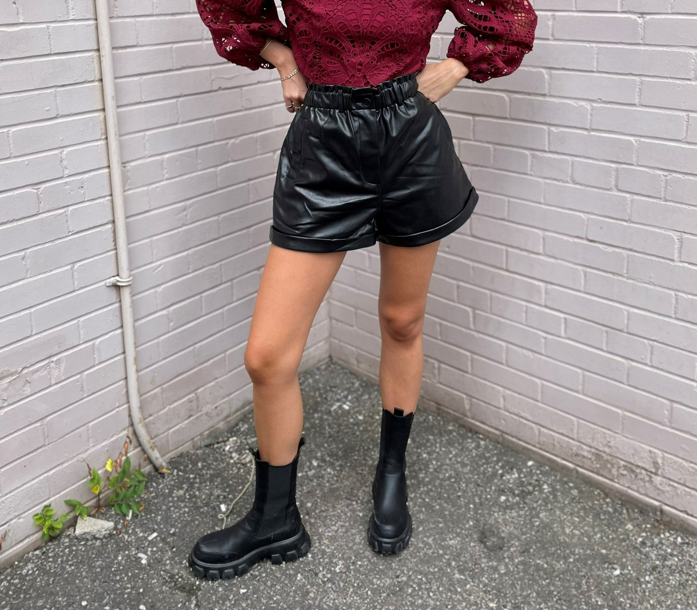 The Pink Door Cuffed Black Vegan Leather Shorts