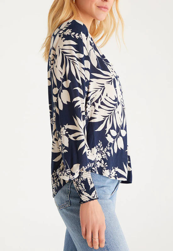 Z Supply Talia Abstract Leaf Blouse - Midnight Blue