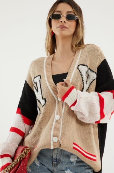 The Pink Door Red & Beige NY Varsity Knit Cardigan