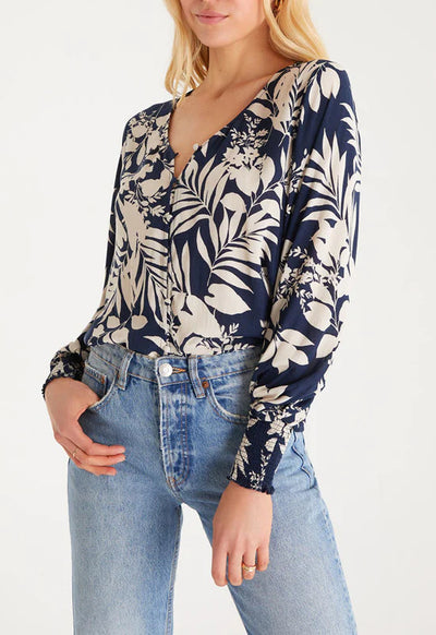 Z Supply Talia Abstract Leaf Blouse - Midnight Blue