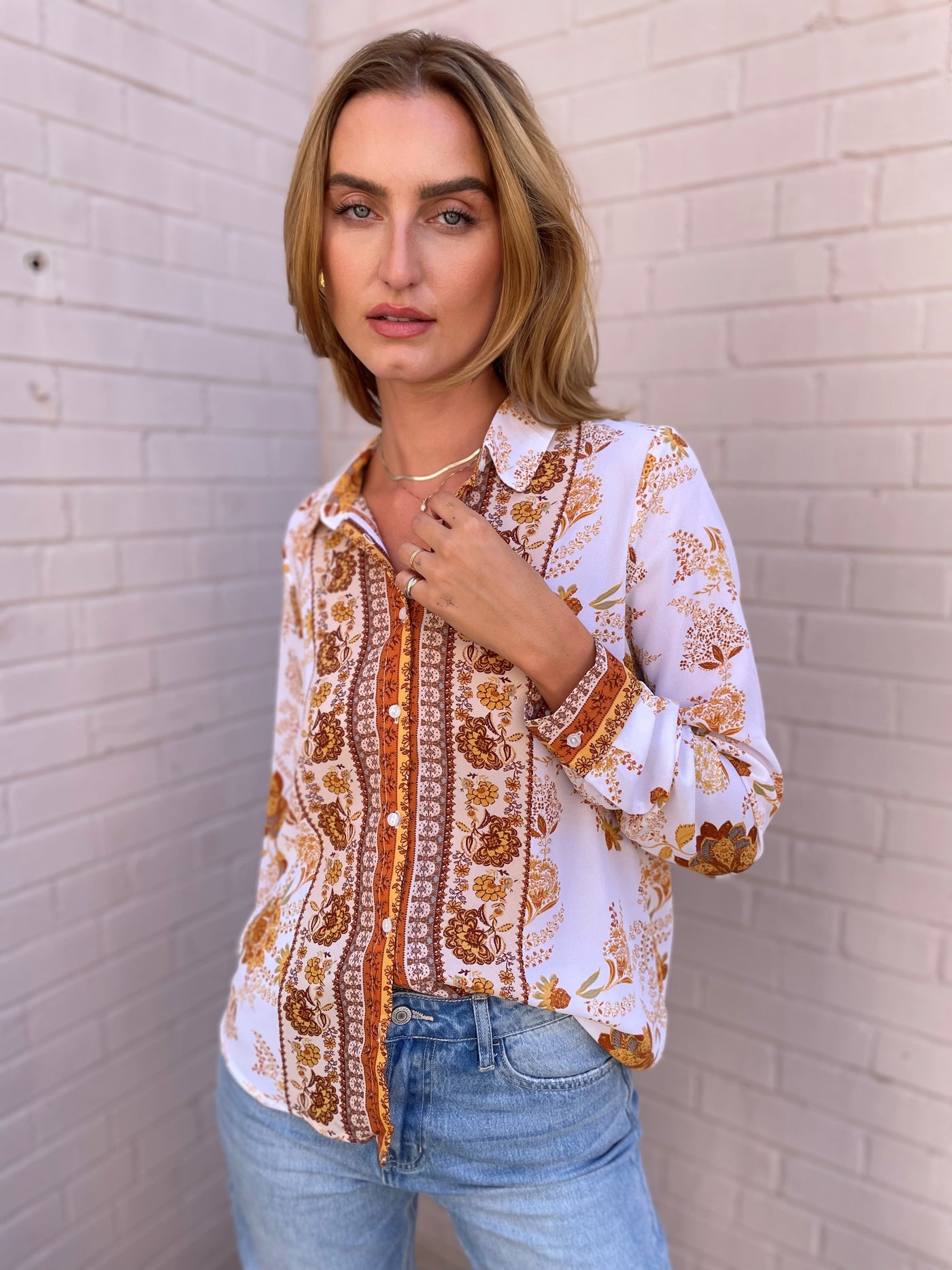 The Pink Door Print Top Cognac